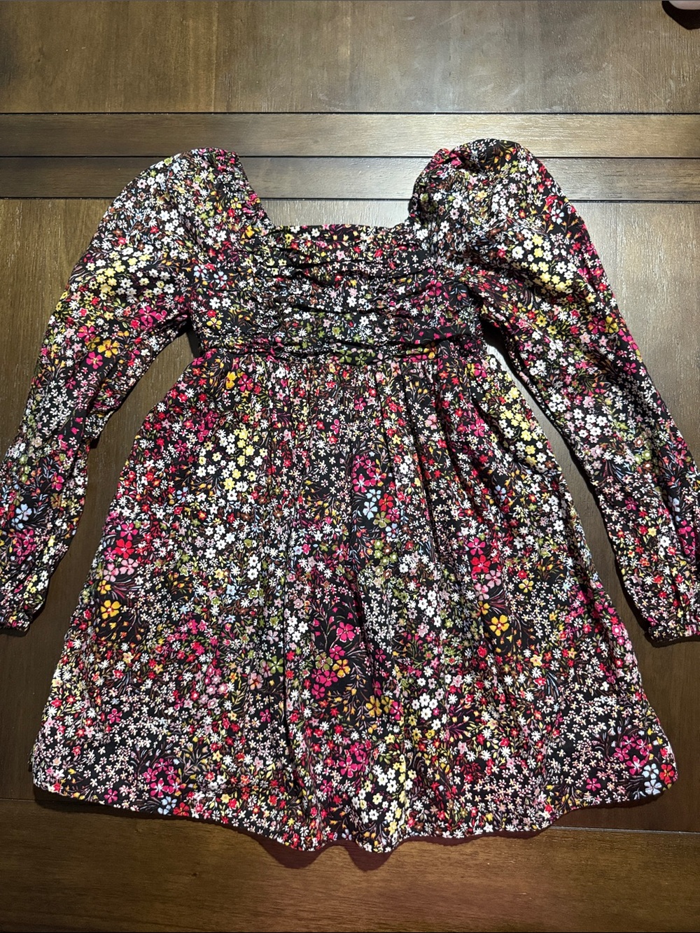 Gap Floral Puff Sleeve Smocked Dress - Black with Multicolor Flowers 8